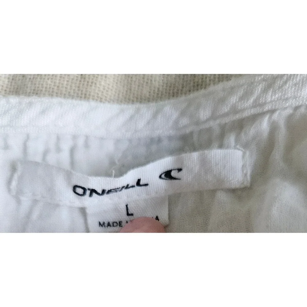 O'Neill White Gauze Mini Dress L Lace Trim Boho Beach Coverup Tassel Coastal - Picture 5 of 7